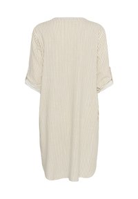 Tunic leggera color beige con righe verticali, dotata di maniche arrotolate e vestibilità comoda. Tessuto morbido, design semplice con scollatura a girocollo.