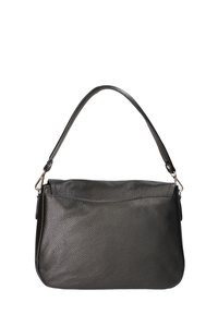 Zwart leren handtas met een gestructureerde afwerking, enkele schouderriem en een ritsluiting. Glad, licht afgerond rechthoekige vorm.