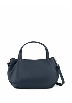 Navy leather handbag with dual handles, an adjustable strap, and a textured surface. Features a rounded shape and a zip closure.