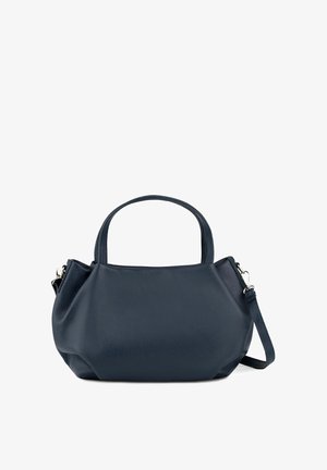 Navy leather handbag with dual handles, an adjustable strap, and a textured surface. Features a rounded shape and a zip closure.