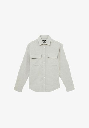 Hellgrau kariertes Flanellhemd mit Button-Down-Kragen, zwei Brusttaschen, langen Ärmeln und geradem Saum.
