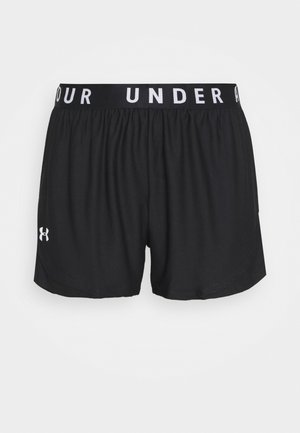 Shorts de sport noirs avec taille élastique présentant "UNDER ARMOUR" en blanc, et un petit logo blanc Under Armour sur la jambe gauche.