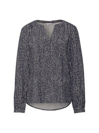 Marinblus med V-ringning, prydd med ett geometriskt mönster av vita prickar, långa ärmar med volangärmar och en rundad nederkant.