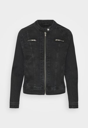 Veste en denim noir avec col montant, fermeture éclair à l'avant et deux poches poitrine zippées. Coupe ajustée avec des détails cousus.