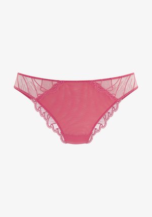 Rosa Netz-Unterwäsche mit zarter Spitzenverzierung an den Kanten, mit gewelltem Design und weicher Textur. Leicht und semi-transparent.