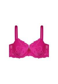 Różowy stanik z koronką, posiadający usztywniane miseczki, regulowane satynowe ramiączka, kwiatowy wzór koronkowy oraz mały ozdobny akcent pośrodku.