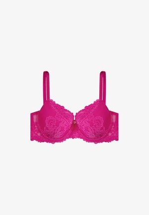 Rosa Spitzen-BH mit gepolsterten Cups, verstellbaren satinierten Trägern, floralem Spitzenmuster und einem kleinen dekorativen Akzent in der Mitte.