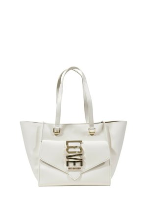 Borsa tote bianca realizzata in materiale testurizzato, con un pattina frontale dotata di una chiusura metallica "LOVE" e doppio manico per spalla.