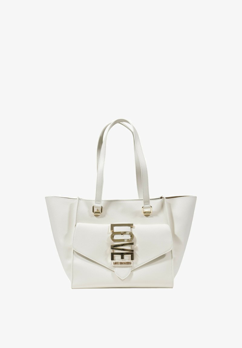 Borsa tote bianca realizzata in materiale testurizzato, con un pattina frontale dotata di una chiusura metallica "LOVE" e doppio manico per spalla.