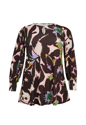 Schwarze Bluse mit Blumenmuster, langen Puffärmeln, rundem Ausschnitt und einem Schlitzdetail. Das Muster enthält Farbtöne in Pink, Grün und Blau.