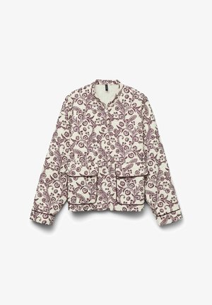 Gepolsterte Jacke mit einem cremefarbenen Hintergrund, die mit bordeauxroten floralen Paisleymustern versehen ist, einem Rundhalsausschnitt und zwei großen Fronttaschen.