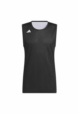 Black sleeveless athletic top made of mesh fabric with a rounded neckline and white Adidas logo on the left chest.