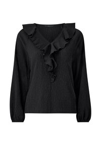 Blusa nera a maniche lunghe con scollatura a V e un'accenno arricciato lungo il collo, realizzata in tessuto testurizzato con maniche a sbuffo.