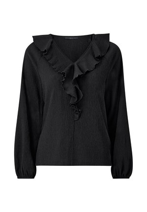 Blouse noire à manches longues avec un décolleté en V et un accent volé sur le col, fabriquée en tissu texturé avec des manches bouffantes.