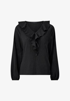 Schwarze Bluse mit langen Ärmeln und V-Ausschnitt, mit einem gerafften Akzent entlang des Ausschnitts, aus strukturiertem Stoff mit Puffärmeln.