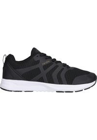 Basket de sport noire avec tige en mesh, lacets noirs, semelle blanche et marquage discret "AeroDyn" sur le côté.