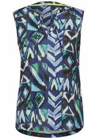 Ärmlös topp i blå och grön abstrakt mönster. Har en rund halsringning och subtila veck fram. Slätt tyg med en avslappnad passform.