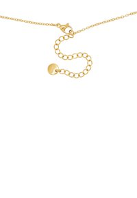 Goldene Halskette mit einer feinen Kette und einem runden Anhänger. Die Halskette verfügt über einen Karabinerverschluss und eine verstellbare Länge mit Gliederdetails.