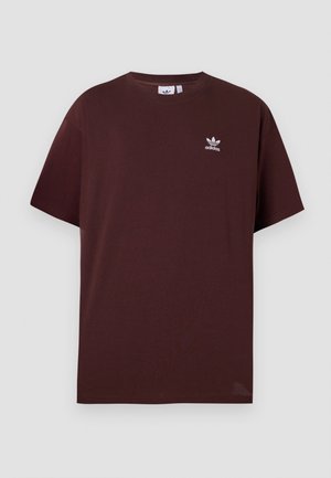 Burgundy bomulls t-shirt med korta ärmar och rund hals, med en liten vit Adidas-logotyp på bröstet. Enkelt design, mjuk textur.
