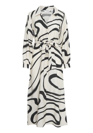 Långärmad klänning med krage i krämfärgad nyans med svarta abstrakta swirl-mönster, bältad i midjan, med en lös passform och manschetter på ärmarna.