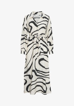 Ilgomis rankovėmis, su apykakle, grietinėlės spalvos su juodais abstrakčiais sūkuriais, diržu per liemenį, laisva forma ir iškarpytomis rankovėmis.