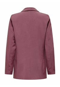 Veste longue pour femme à manches longues de couleur violet, vue de dos, avec un col cranté et des coutures simples.