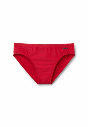Rote Herren-Schwimmhose mit kleinem schwarzem und grünem Logo auf der oberen rechten Seite, dargestellt auf weißem Hintergrund.