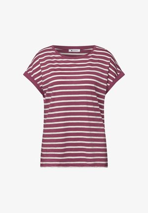 Damska koszulka z krótkim rękawem i okrągłym dekoltem w poziome białe i liliowe paski, o luźnym kroju i mankietowanych rękawach.