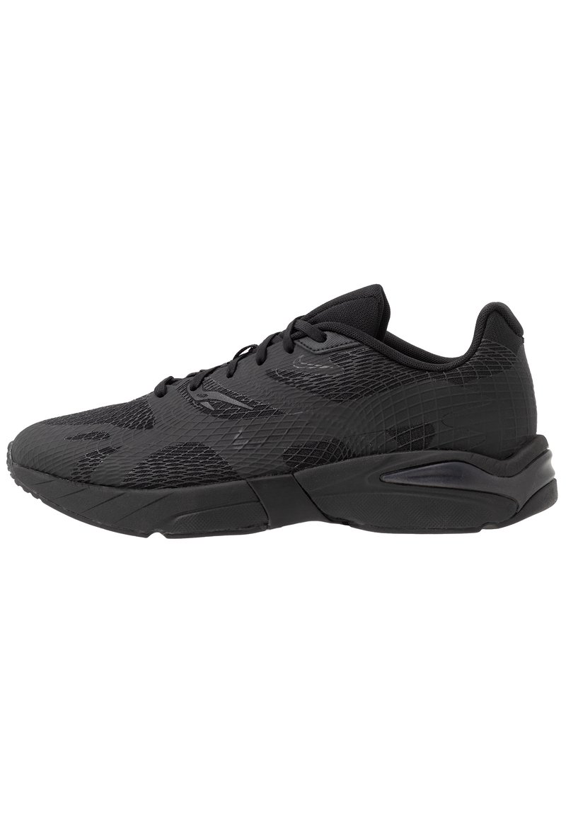 Black athletic shoes with a textured upper and smooth accents. Features a cushioned sole and lacing system for a secure fit.