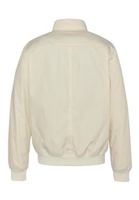Beige bomberjakke med en struktureret krave, ribstrikkede manchetter og kant, samt en glat, mat tekstur. Har et simpelt, rent design uden udsmykninger.