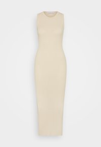 Beige žebrované pletené šaty bez rukávů midi délky s kulatým výstřihem. Přiléhavý střih, hladká textura a délka po kotníky. Jednoduché a minimalistické.