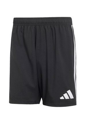 Pantalones cortos deportivos negros con cintura elástica, logo blanco de tres franjas en la pierna izquierda y franjas blancas a lo largo de las costuras laterales.