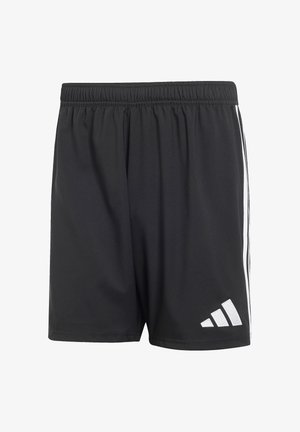 Schwarze sportliche Shorts mit elastischem Bund, weißes Drei-Streifen-Logo am linken Bein und weiße Streifen entlang der Seitennähte.