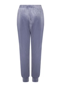 Lichtpaarse broek met een zachte, gladde textuur, voorzien van een elastische tailleband en aansluitende boorden bij de enkels voor een getailleerd ontwerp.
