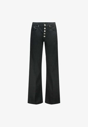 Pantalons larges noirs en denim, dotés d'une taille haute, de poches frontales et de six boutons métalliques le long du zip.