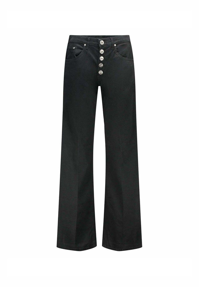 Pantalons larges noirs en denim, dotés d'une taille haute, de poches frontales et de six boutons métalliques le long du zip.