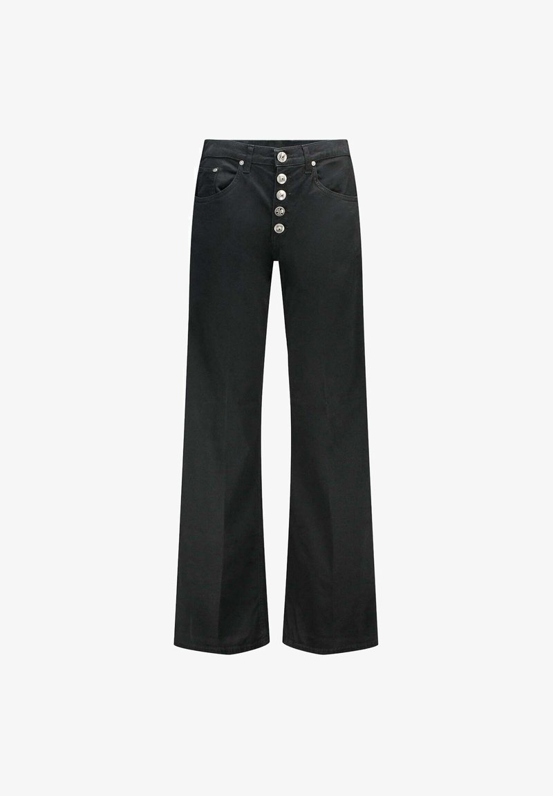 Zwarte wijde denimbroek met hoge taille, voorzakken en zes metalen knopen langs de ritssluiting.