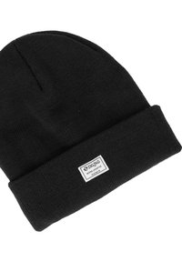 Gorro de punto negro con ala doblada y una pequeña etiqueta blanca rectangular que dice "ZigZag Active Lifestyle."