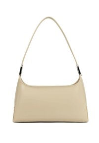 Sac à main en cuir beige avec un design incurvé et épuré, doté d'une bandoulière unique. Présente des coutures discrètes et une texture lisse.