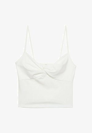 Valkoinen lyhytnenäinen tankkitoppi, jossa on ohuet spagetinauhat, ja joka sisältää kiertävän etuosan muotoilun sekä sileän pinnan. Valmistettu joustavasta kankaasta.