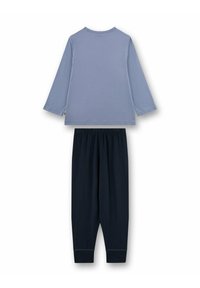 Hellblaues Langarmshirt mit rundem Halsausschnitt, kombiniert mit dunkelblauen, elastischen Hosen mit Bund. Aus weichem Baumwollstoff und einfachem Design.