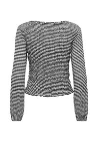Blouse à manches longues en vichy noir et blanc avec détails élastiqués smockés et ourlet et poignets légèrement froncés, vue de dos.