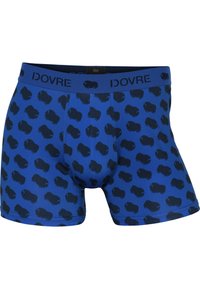 Blå boxershorts med et gentaget bisonmønster i mørkeblå. Blødt materiale med en elastisk talje, der viser "IDOVRE" i sort.