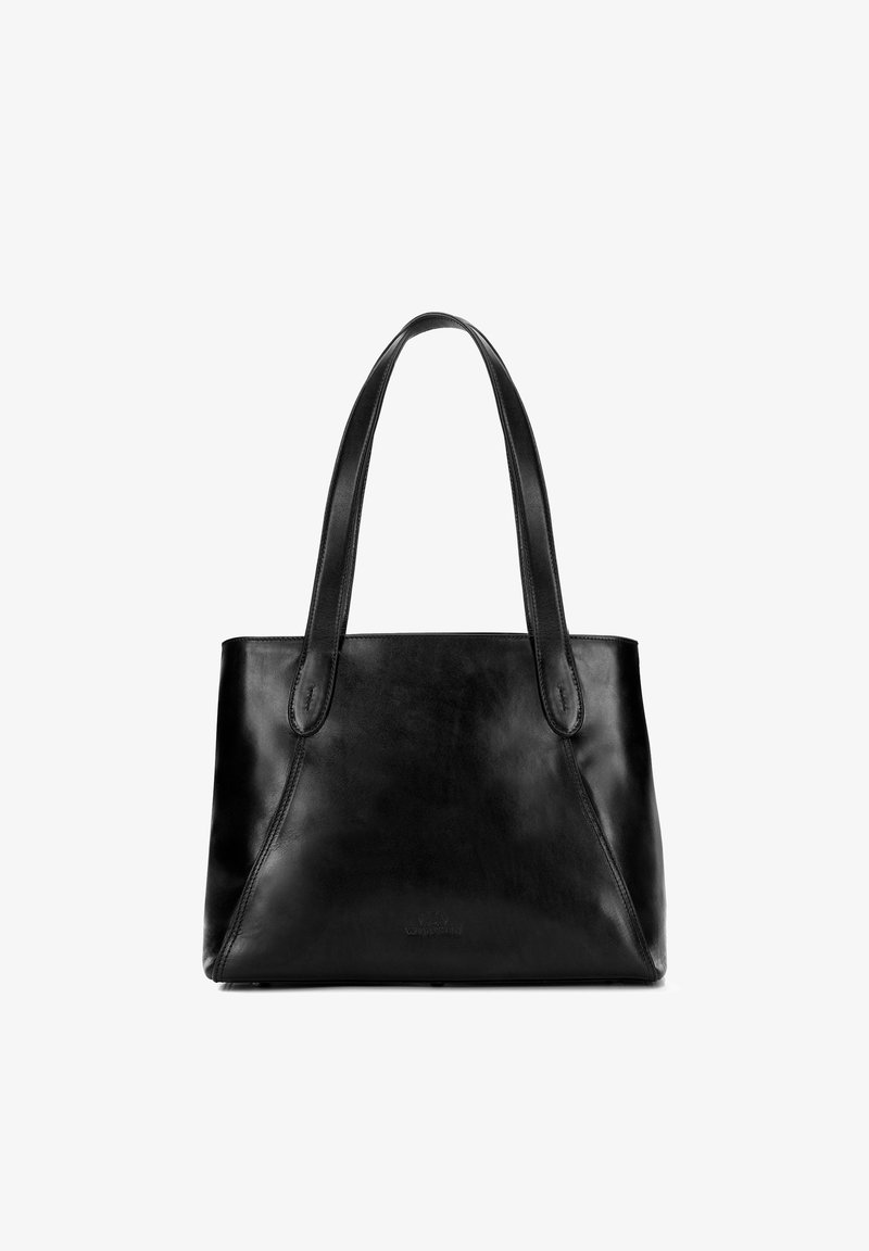 Sac fourre-tout en cuir noir avec une texture lisse, des poignées allongées et une forme structurée. Présente un logo subtil à la base.