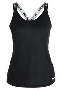 Débardeur de sport noir sans manches avec des bretelles blanches croisées imprimées "JUST DO IT" et un logo Nike blanc sur l'ourlet du bas.