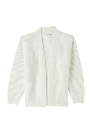 Cardigan bianco lavorato a maglia con texture a costine, apertura frontale e maniche lunghe. Presenta un collo a V discreto e un taglio dritto. Taglia etichettata come piccola.