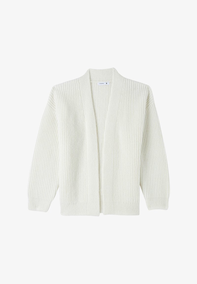 Cardigan bianco lavorato a maglia con texture a costine, apertura frontale e maniche lunghe. Presenta un collo a V discreto e un taglio dritto. Taglia etichettata come piccola.