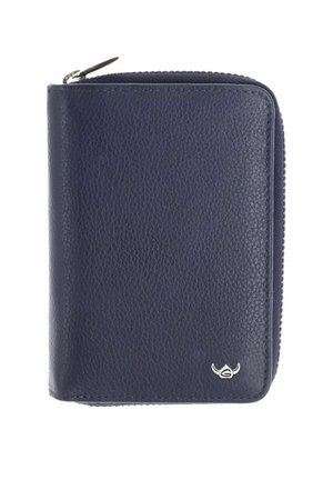 Portefeuille compact en cuir bleu marine avec surface texturée, fermeture à glissière et petit logo argenté en bas à droite.