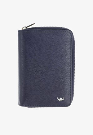Portefeuille compact en cuir bleu marine avec surface texturée, fermeture à glissière et petit logo argenté en bas à droite.