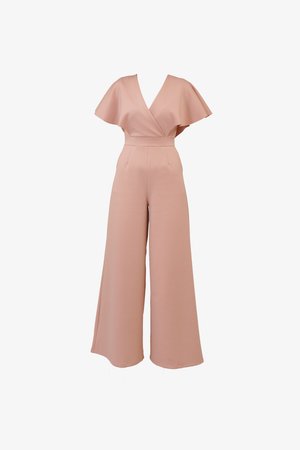 Macacão rosa com pernas largas, decote em V e mangas soltas. Feito de um tecido suave com uma cintura ajustada e sem ferragens visíveis.